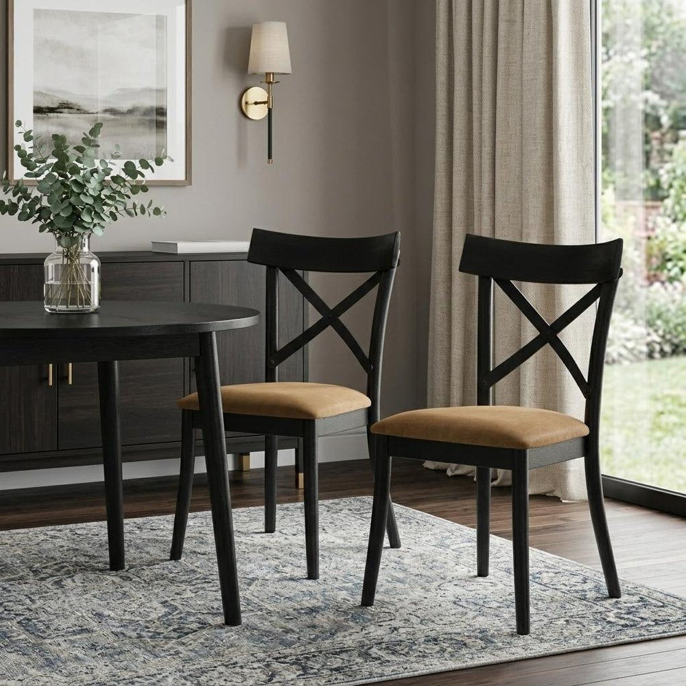 Set of Two Brown And Black Faux Leather And Solid Wood Cross Back Dining Side Chairs HomeRoots