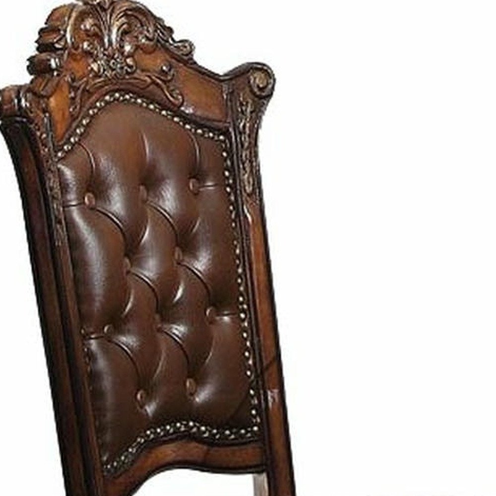 Set of Two 24" Brown Faux Leather And Solid Wood Counter Height Bar Chairs HomeRoots