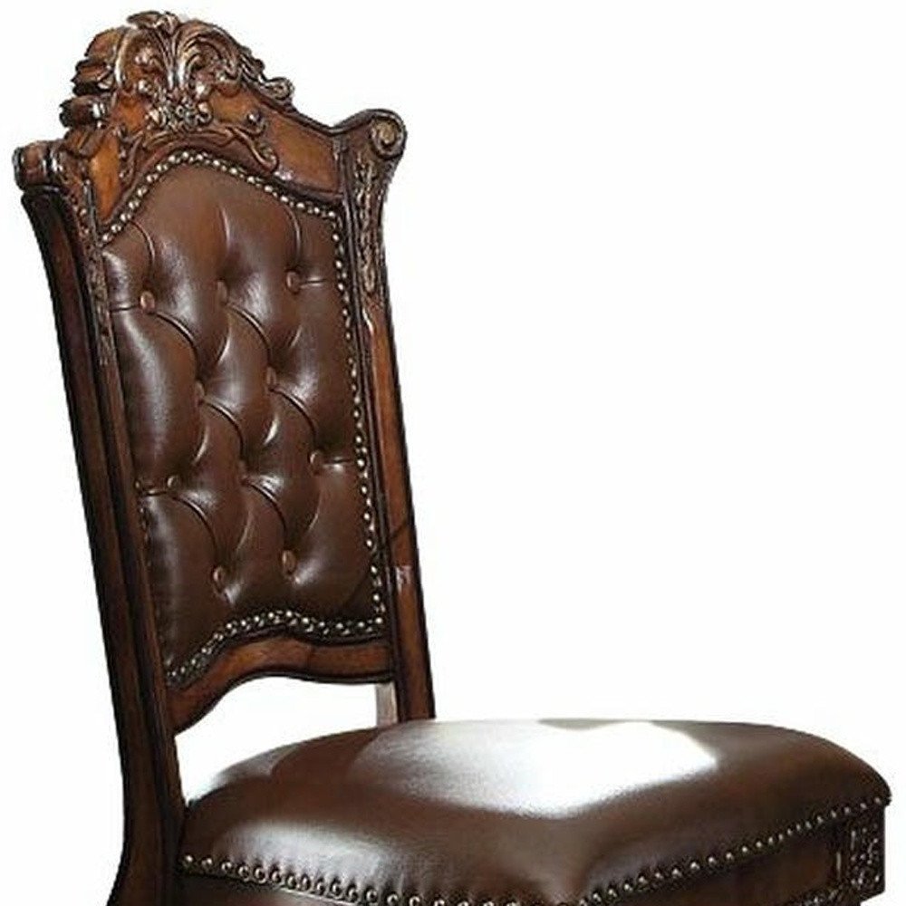 Set of Two 24" Brown Faux Leather And Solid Wood Counter Height Bar Chairs HomeRoots
