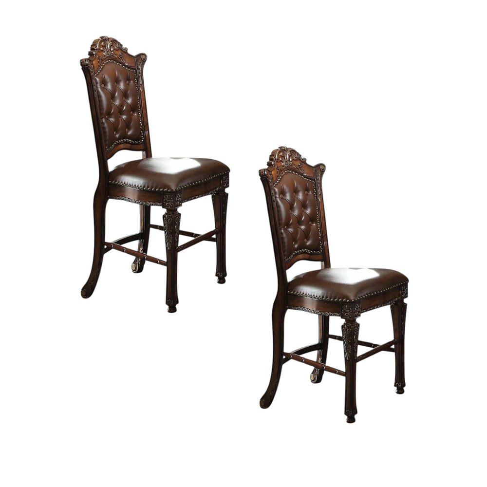 Set of Two 24" Brown Faux Leather And Solid Wood Counter Height Bar Chairs HomeRoots