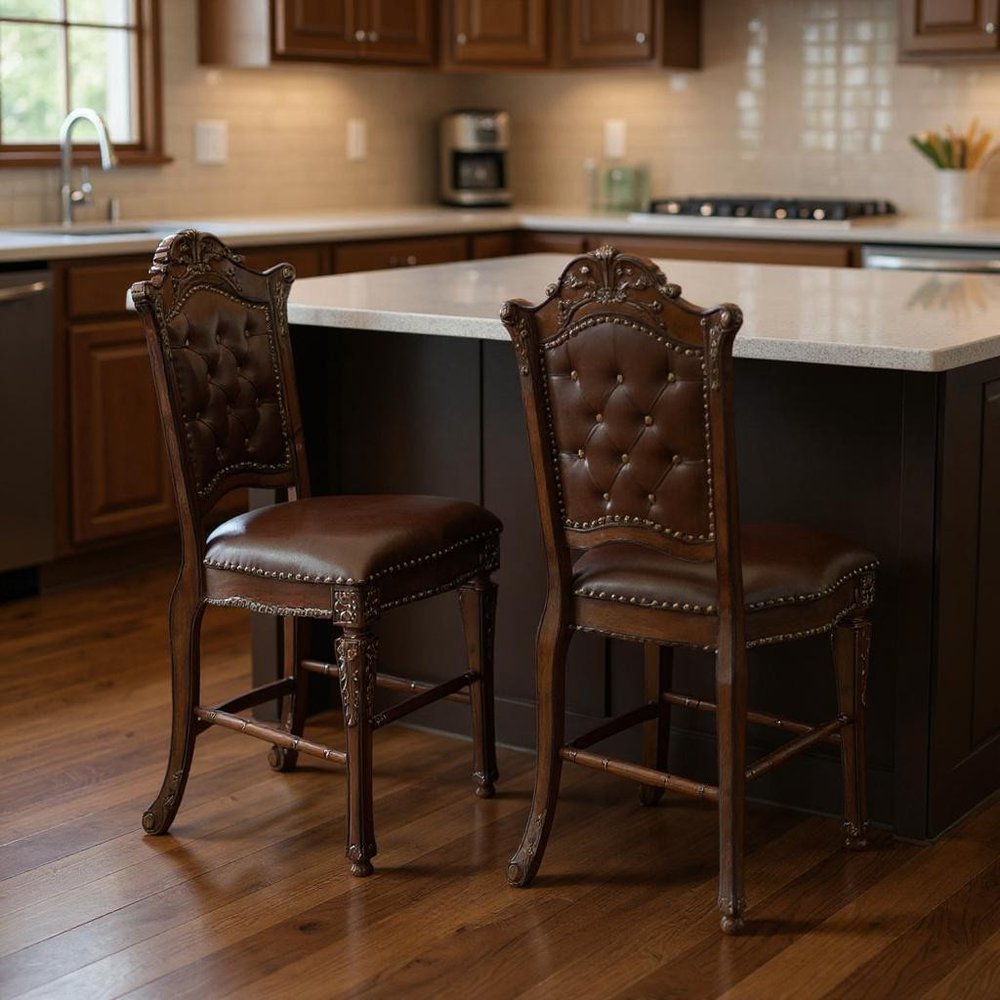 Set of Two 24" Brown Faux Leather And Solid Wood Counter Height Bar Chairs HomeRoots