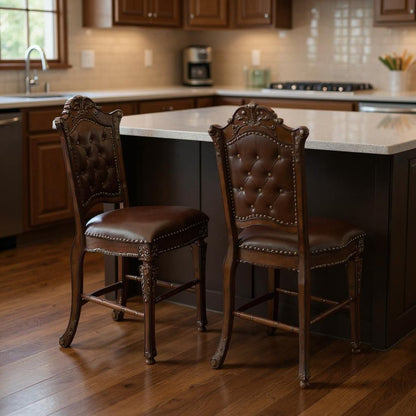 Set of Two 24" Brown Faux Leather And Solid Wood Counter Height Bar Chairs HomeRoots