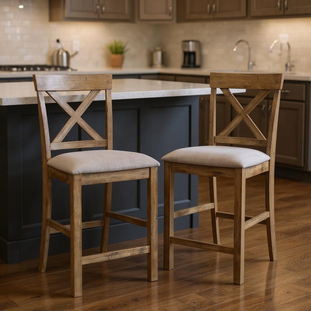 Set of Two 26" Tan And Oak Linen And Solid Wood Counter Height Bar Chairs HomeRoots