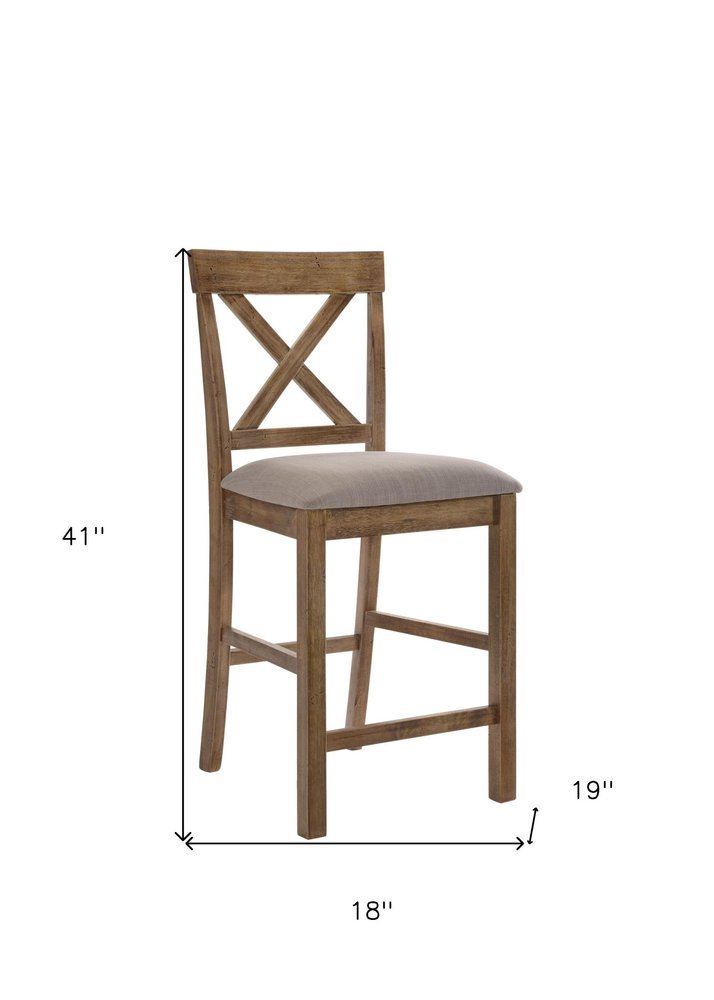 Set of Two 26" Tan And Oak Linen And Solid Wood Counter Height Bar Chairs HomeRoots