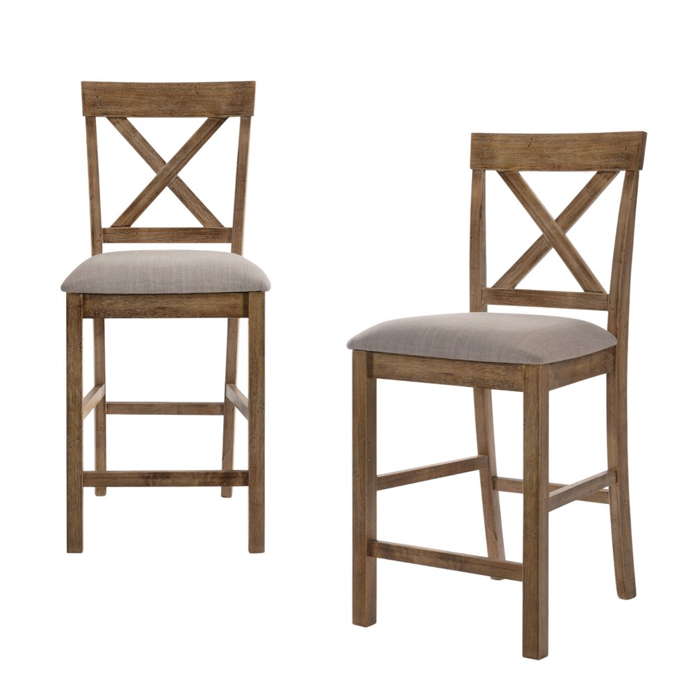 Set of Two 26" Tan And Oak Linen And Solid Wood Counter Height Bar Chairs HomeRoots