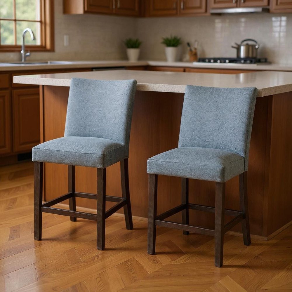 Set of Two 25" Gray And Espresso Fabric And Solid Wood Counter Height Bar Chairs HomeRoots