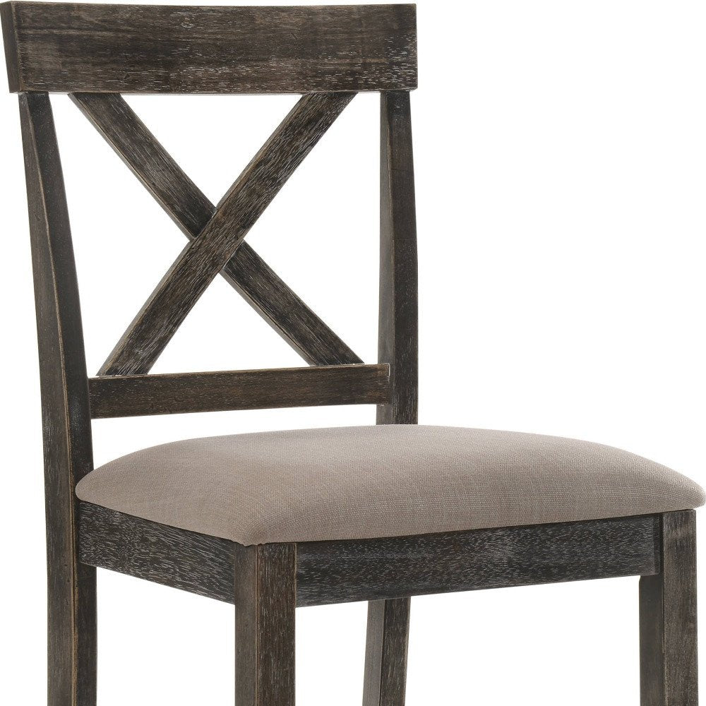 Set of Two 26" Tan And Dark Gray Linen And Solid Wood Counter Height Bar Chairs HomeRoots