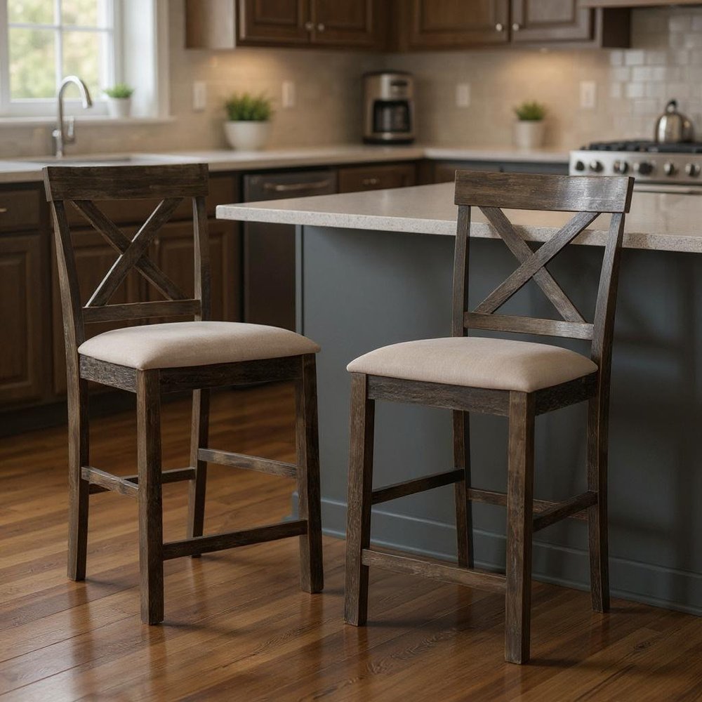 Set of Two 26" Tan And Dark Gray Linen And Solid Wood Counter Height Bar Chairs HomeRoots