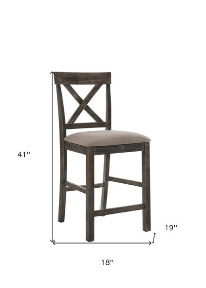 Set of Two 26" Tan and Dark Gray Linen and Solid Wood Counter Height Bar Chairs HomeRoots