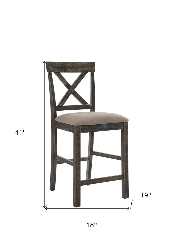 Set of Two 26" Tan And Dark Gray Linen And Solid Wood Counter Height Bar Chairs HomeRoots