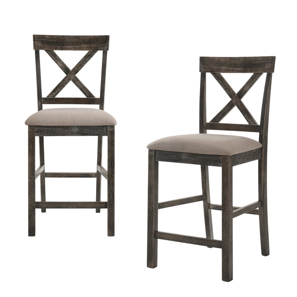 Set of Two 26" Tan And Dark Gray Linen And Solid Wood Counter Height Bar Chairs HomeRoots