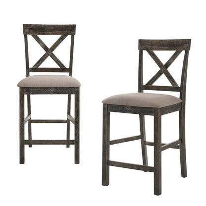 Set of Two 26" Tan And Dark Gray Linen And Solid Wood Counter Height Bar Chairs HomeRoots