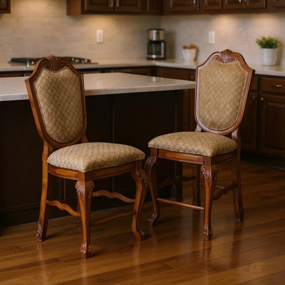 Set of Two 24" Beige And Brown Fabric And Solid Wood Counter Height Bar Chairs HomeRoots