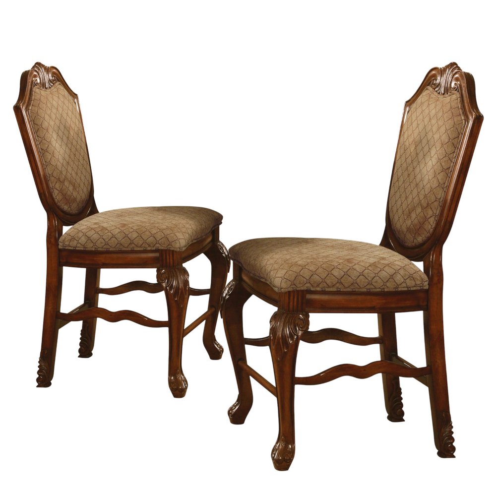 Set of Two 24" Beige And Brown Fabric And Solid Wood Counter Height Bar Chairs HomeRoots
