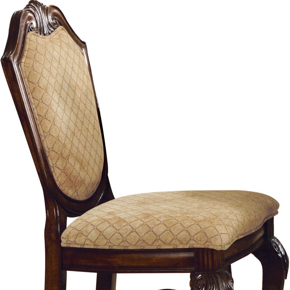 Set of Two 24" Beige And Espresso Fabric And Solid Wood Counter Height Bar Chairs HomeRoots