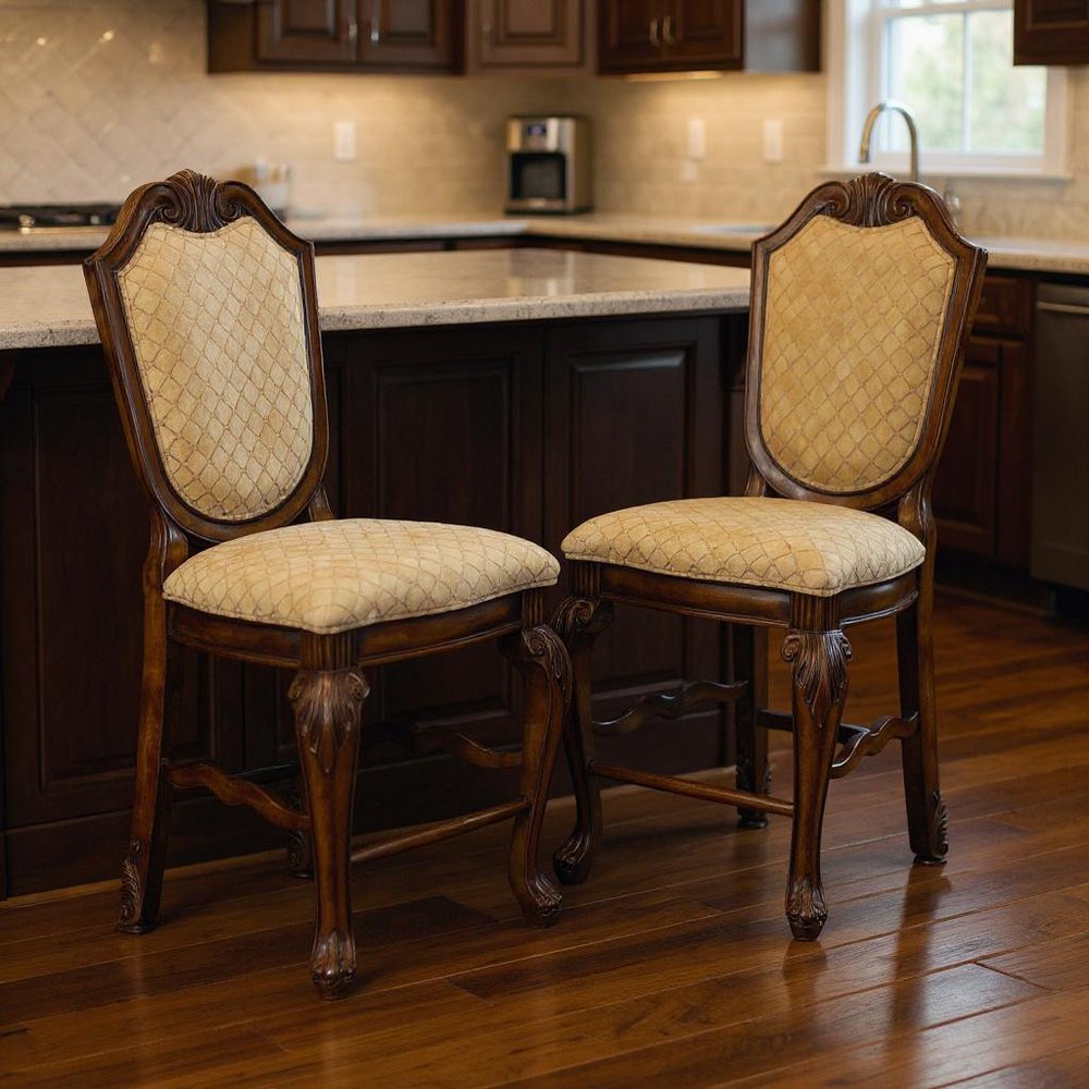 Set of Two 24" Beige And Espresso Fabric And Solid Wood Counter Height Bar Chairs HomeRoots