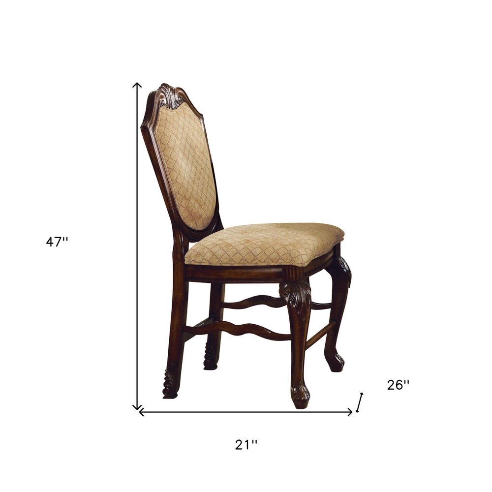 Set of Two 24" Beige And Espresso Fabric And Solid Wood Counter Height Bar Chairs HomeRoots