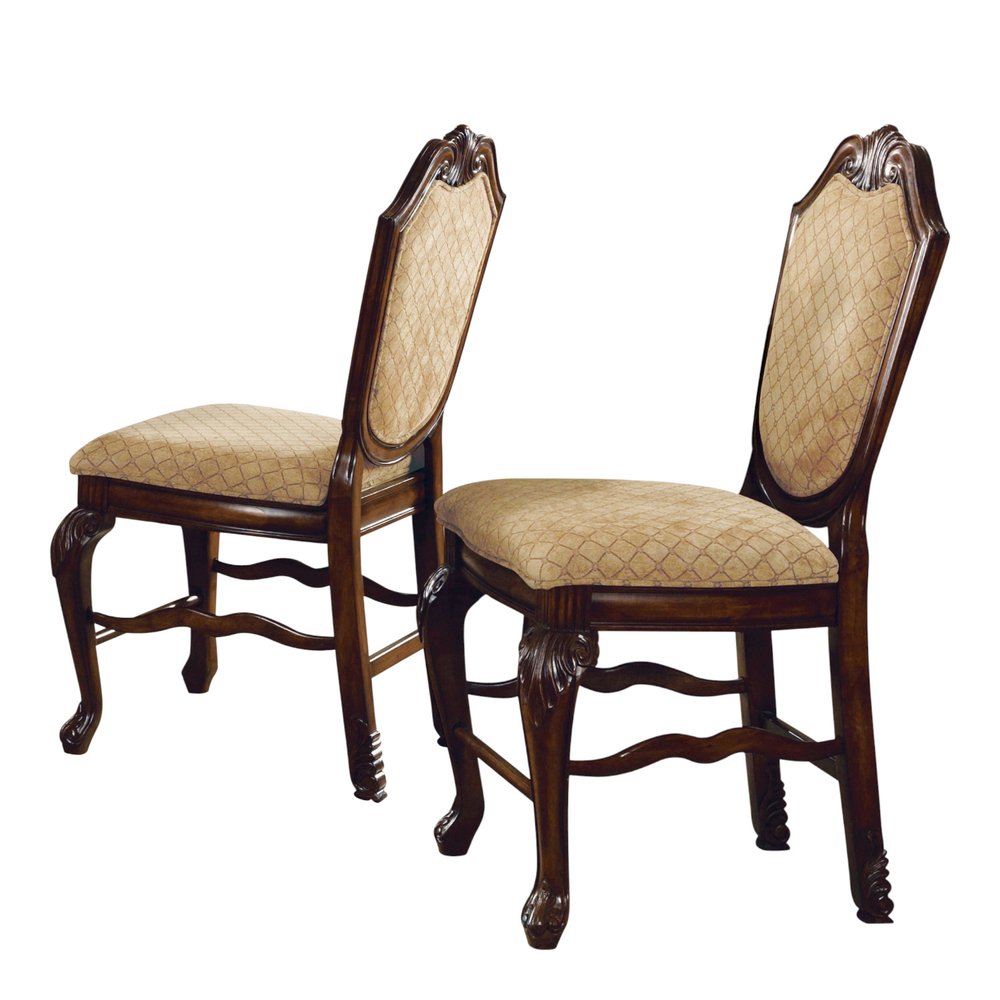 Set of Two 24" Beige And Espresso Fabric And Solid Wood Counter Height Bar Chairs HomeRoots