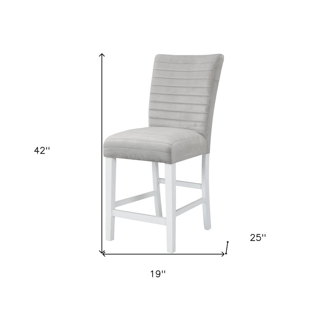 Set of Two 25" Gray And White Velvet And Solid Wood Counter Height Bar Chairs HomeRoots
