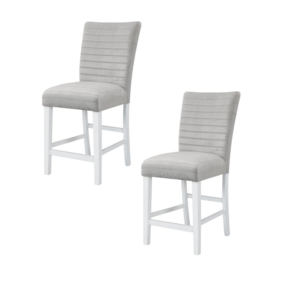 Set of Two 25" Gray And White Velvet And Solid Wood Counter Height Bar Chairs HomeRoots