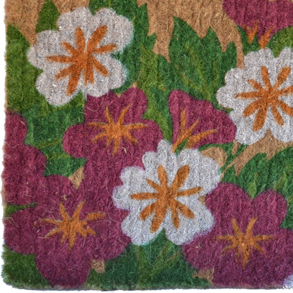 18" X 30" Brown and White Coir Floral Outdoor Door Mat