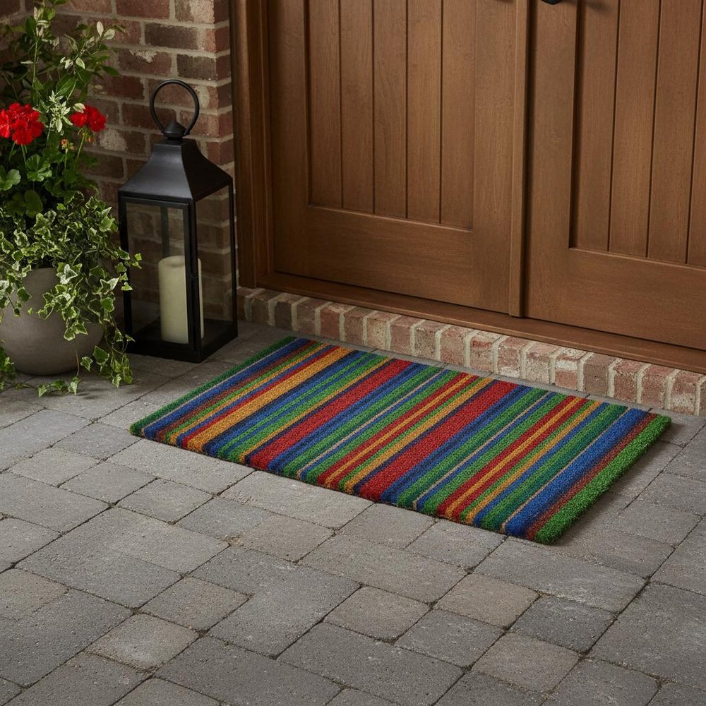 18" X 47" Blue and Green Coir Striped Outdoor Door Mat — view 6