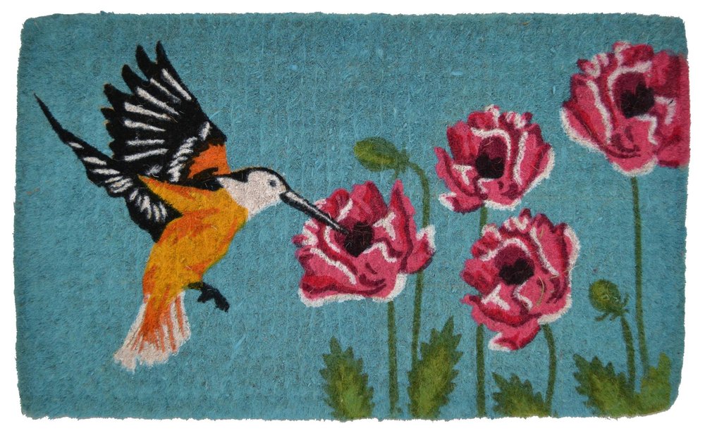 18" X 30" Blue Orange and Green Coir Hummingbird Outdoor Door Mat — view 1