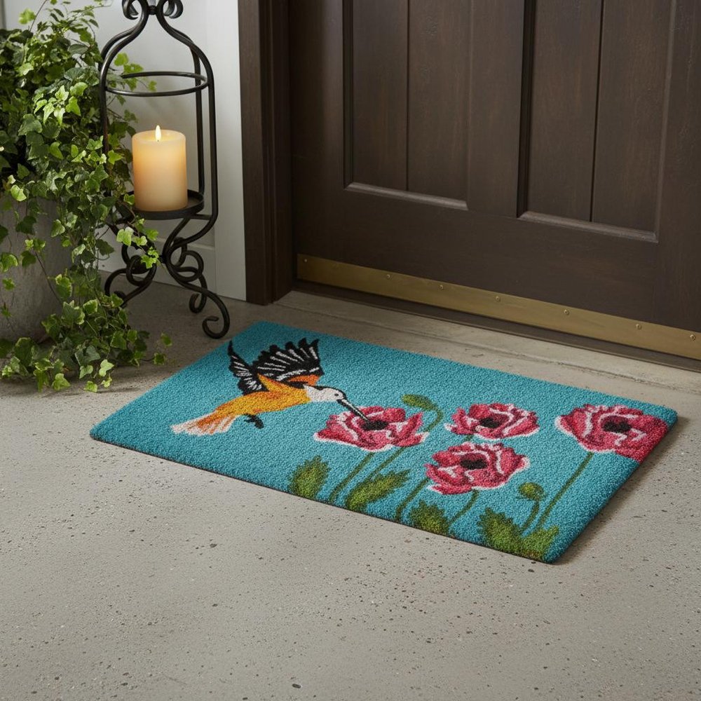 18" X 30" Blue Orange and Green Coir Hummingbird Outdoor Door Mat — view 8