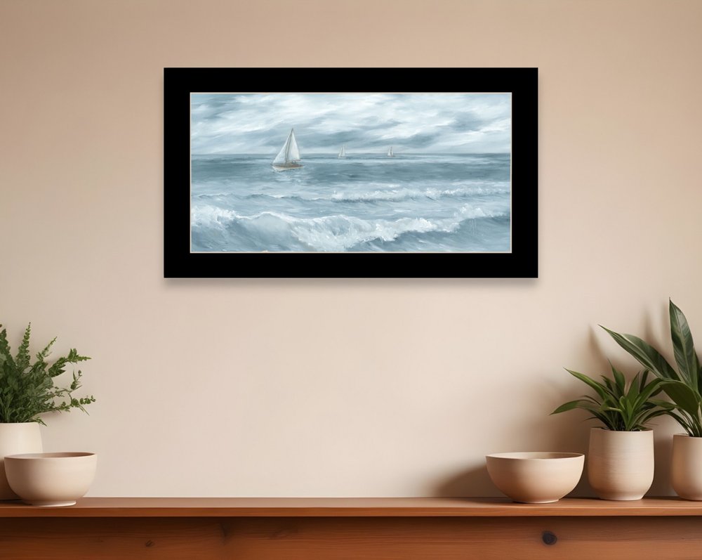 Three Sailboats Ocean Scene Black Framed Wall Art HomeRoots