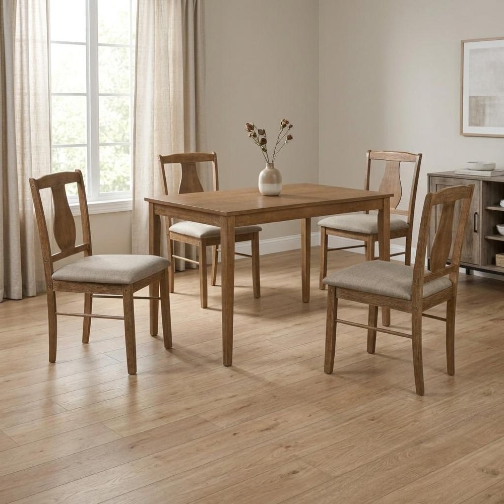 Five Piece Oak Solid Wood Dining Set with Four Chairs HomeRoots