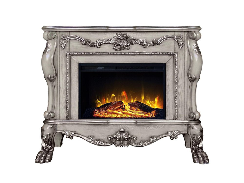 47" Bone Wood Ornate Carved Scrollwork Electric Free Standing Fireplace With Mantle HomeRoots