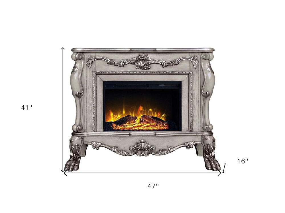 47" Bone Wood Ornate Carved Scrollwork Electric Free Standing Fireplace With Mantle HomeRoots