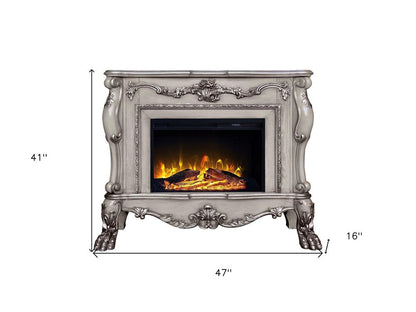 47" Bone Wood Ornate Carved Scrollwork Electric Free Standing Fireplace With Mantle HomeRoots