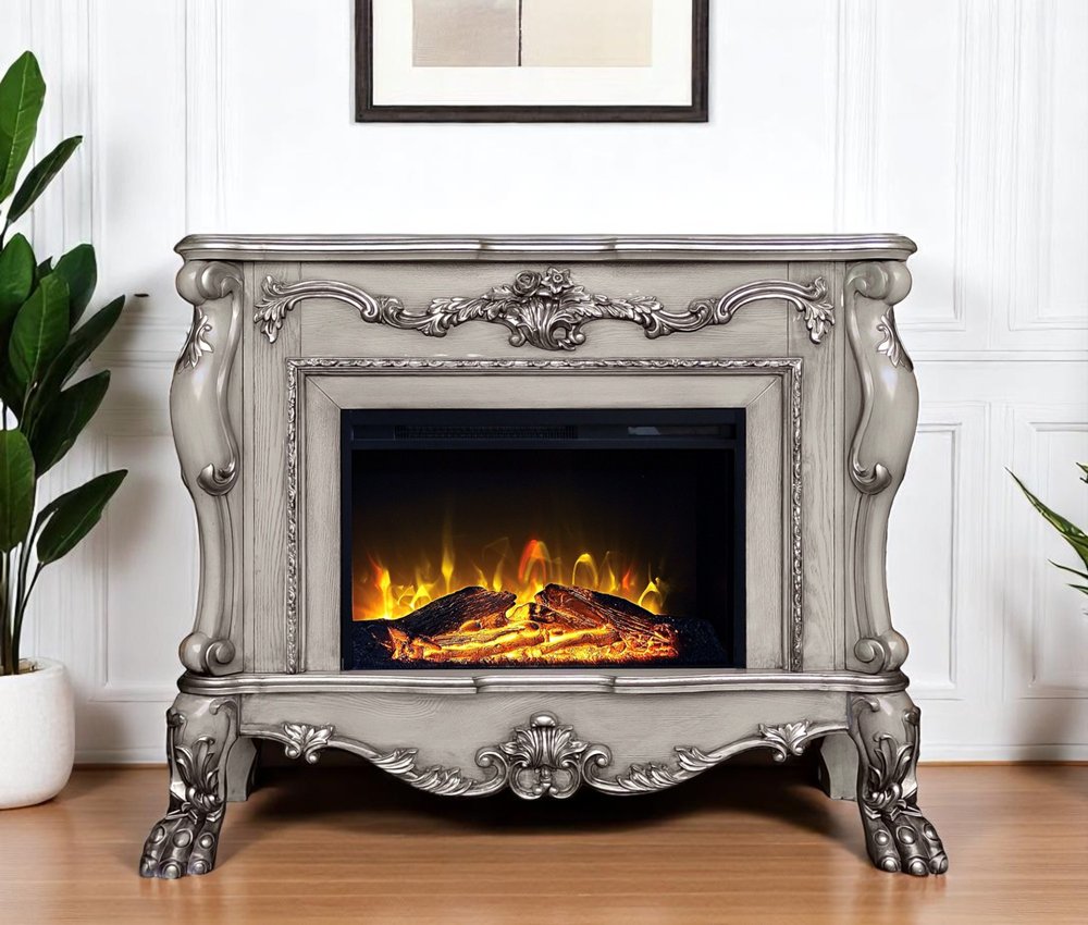 47" Bone Wood Ornate Carved Scrollwork Electric Free Standing Fireplace With Mantle HomeRoots