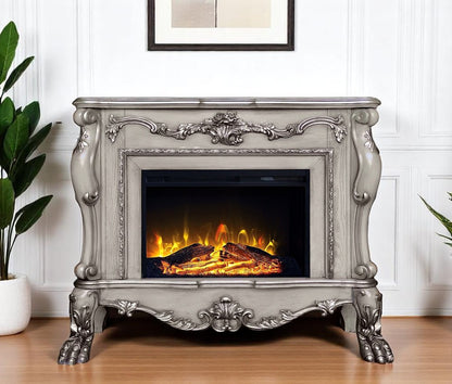 47" Bone Wood Ornate Carved Scrollwork Electric Free Standing Fireplace With Mantle HomeRoots