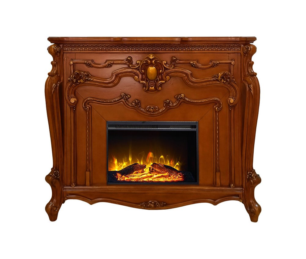 59" Brown Wood Ornate Carved Scrollwork Electric Fireplace With Mantle HomeRoots