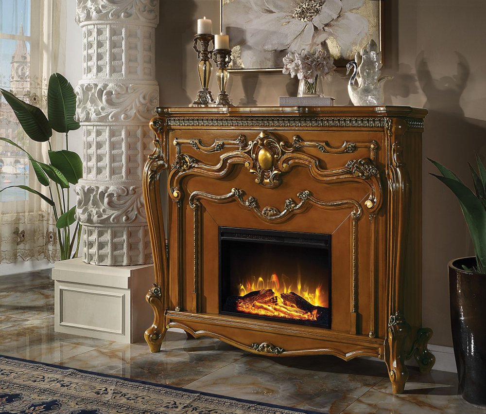 59" Brown Wood Ornate Carved Scrollwork Electric Fireplace With Mantle HomeRoots