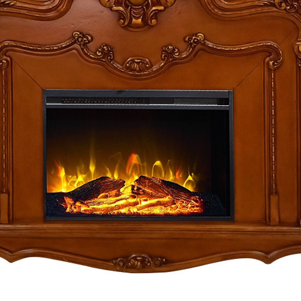 59" Brown Wood Ornate Carved Scrollwork Electric Fireplace With Mantle — view 3