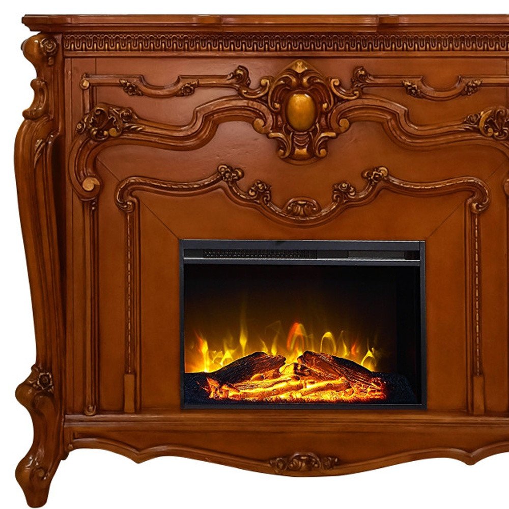 59" Brown Wood Ornate Carved Scrollwork Electric Fireplace With Mantle — view 4