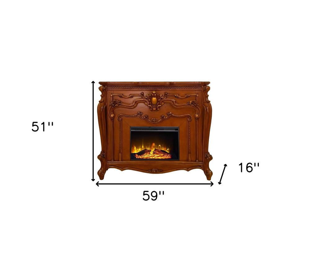 59" Brown Wood Ornate Carved Scrollwork Electric Fireplace With Mantle HomeRoots