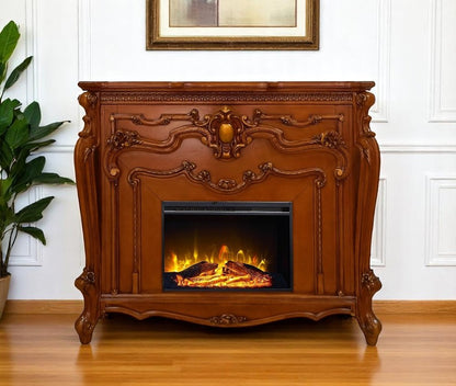 59" Brown Wood Ornate Carved Scrollwork Electric Fireplace With Mantle HomeRoots