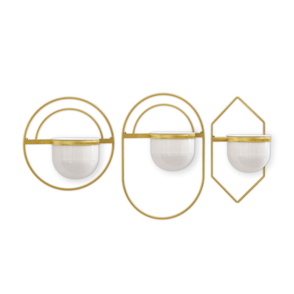Set of Three Gold And White Metal 10 Ounce Wall Planters HomeRoots