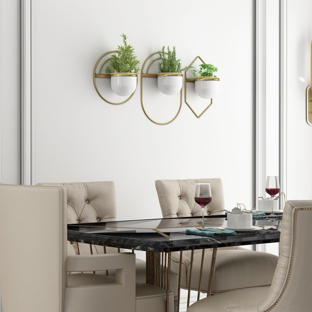 Set of Three Gold And White Metal 10 Ounce Wall Planters HomeRoots