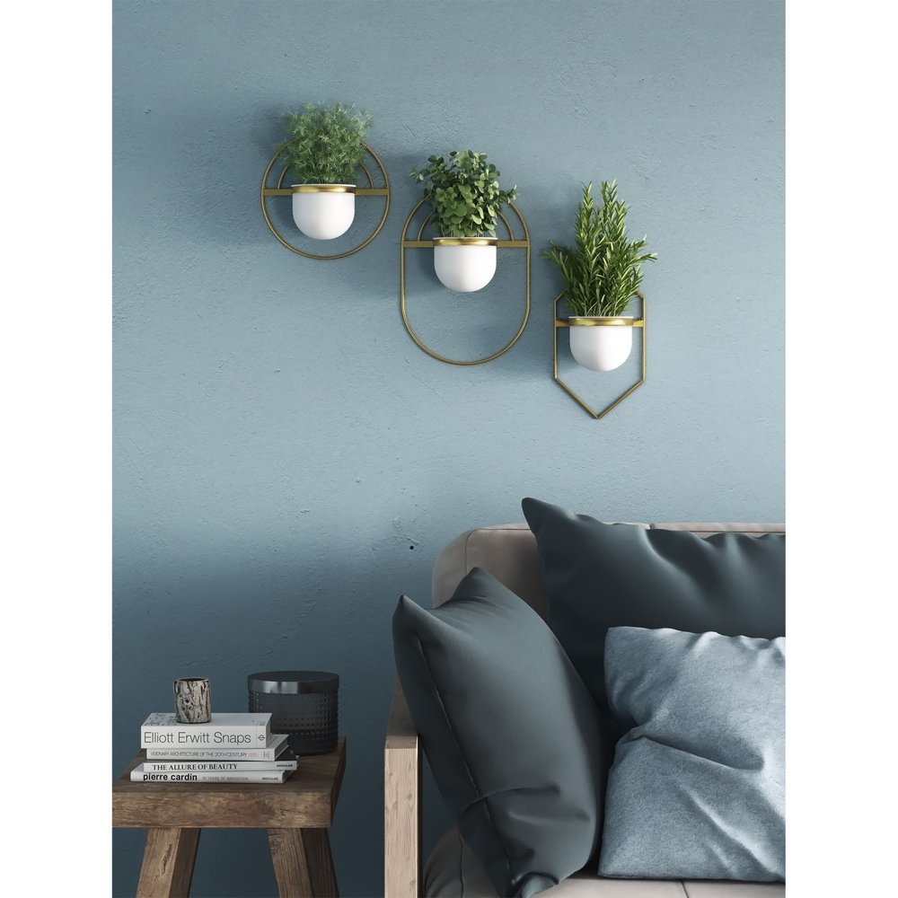 Set of Three Gold And White Metal 10 Ounce Wall Planters HomeRoots