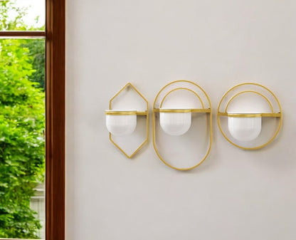 Set of Three Gold And White Metal 10 Ounce Wall Planters HomeRoots