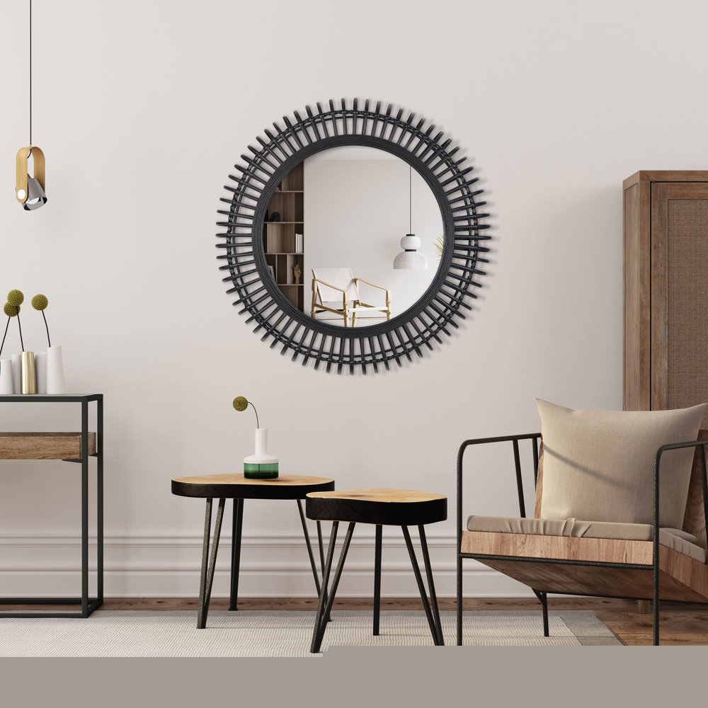 31" Black Bamboo Pierced Round Accent Mirror HomeRoots