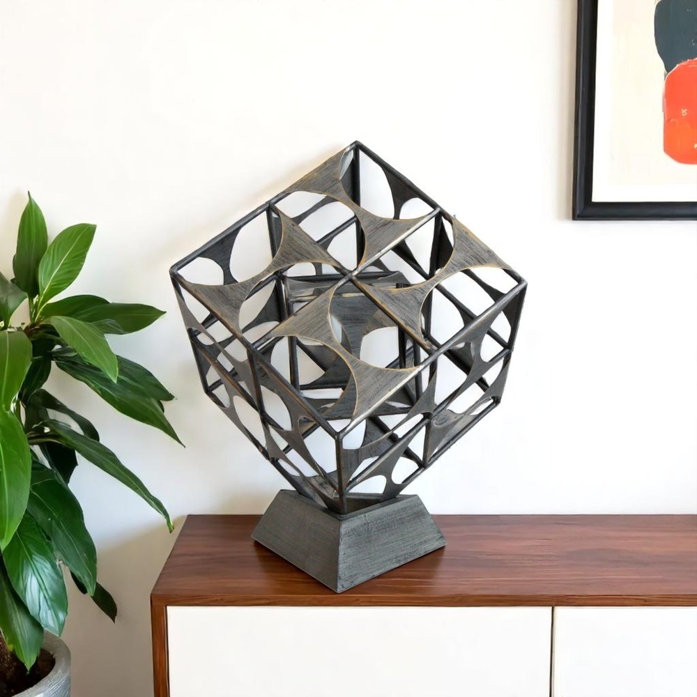 20" Gray Metal Geo Cube Tabletop Sculpture HomeRoots