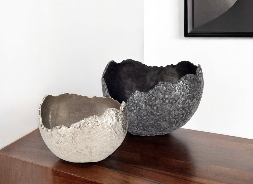 Set of Two Gray And Silver Aluminum Decorative Bowls HomeRoots