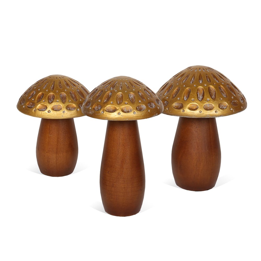Set of Three Brown And Gold Wood Mushroom Tabletop Sculptures HomeRoots