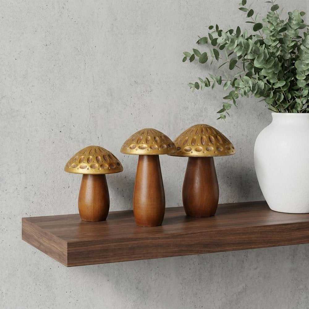 Set of Three Brown And Gold Wood Mushroom Tabletop Sculptures HomeRoots